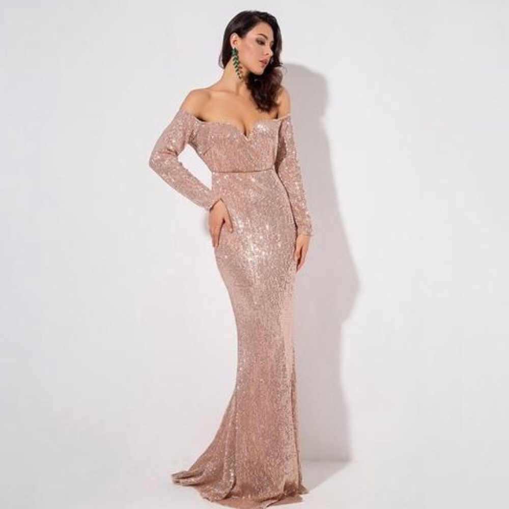 Gold Sequin Bardot Maxi dress